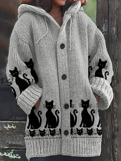 Cute Cat Print Button Up Thick Long-Sleeved Hooded Cardigan Sweater A / S