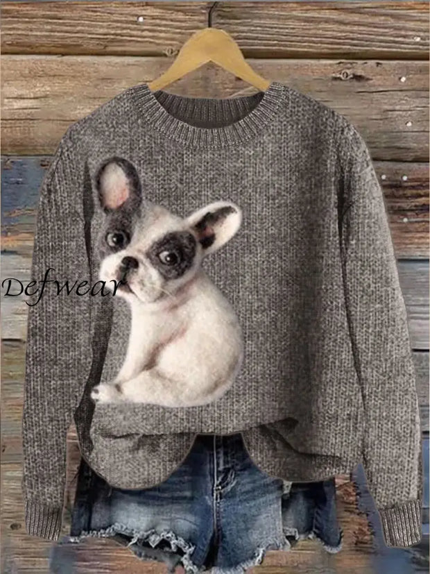 Cute Dog Lover Printed Crew-Neck Comfortable Cotton Blend Long-Sleeved Loose Sweatshirt A / S