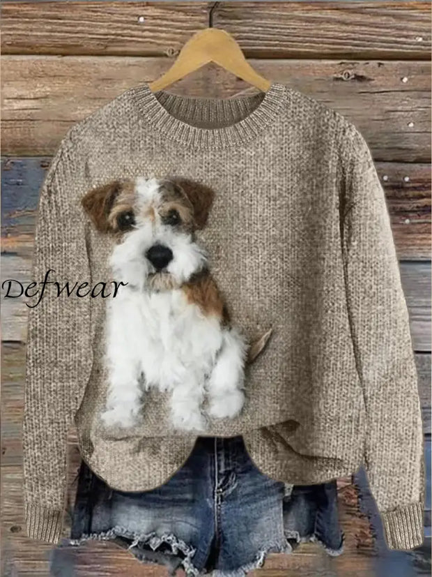 Cute Dog Lover Printed Crew-Neck Comfortable Cotton Blend Long-Sleeved Loose Sweatshirt A / S