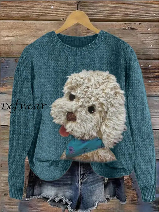 Cute Dog Lover Printed Crew-Neck Comfortable Cotton Blend Long-Sleeved Loose Sweatshirt A / S