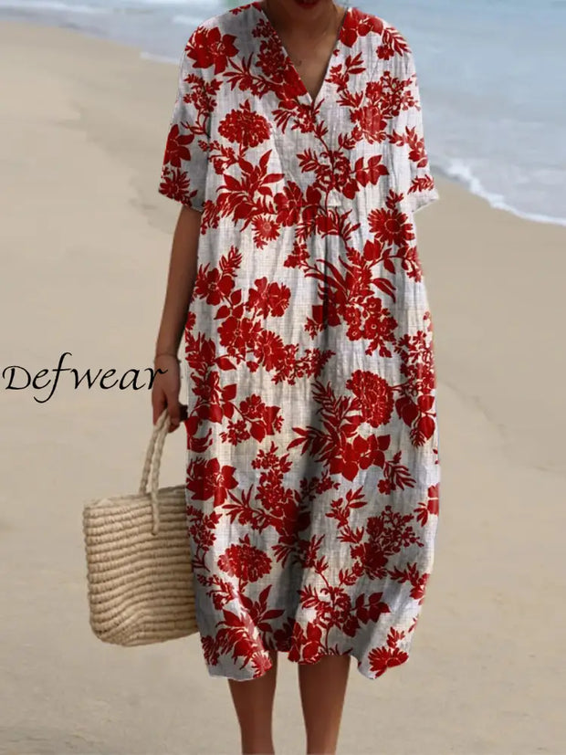 Elegant And Chic Loose Short-Sleeved Midi Dress With Vintage Floral Print V-Neck A / S