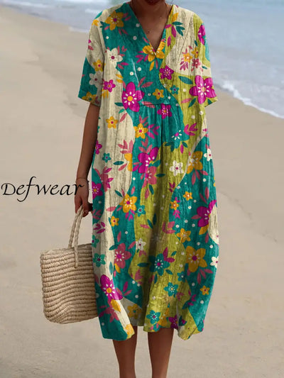 Elegant And Chic Loose Short-Sleeved Midi Dress With Vintage Floral Print V-Neck A / S