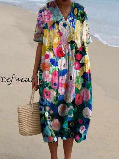 Elegant And Chic Loose Short-Sleeved Midi Dress With Vintage Floral Print V-Neck A / S