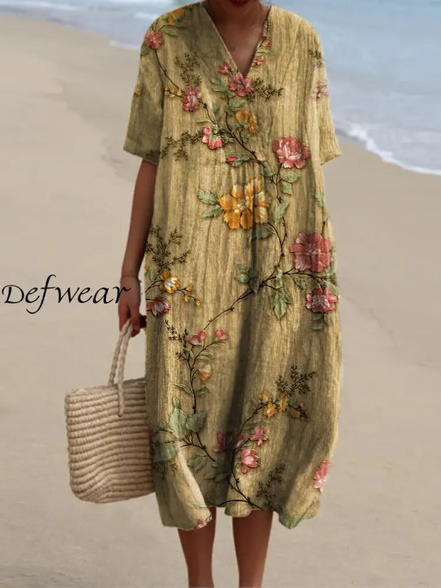 Elegant And Chic Loose Short-Sleeved Midi Dress With Vintage Floral Print V-Neck A / S