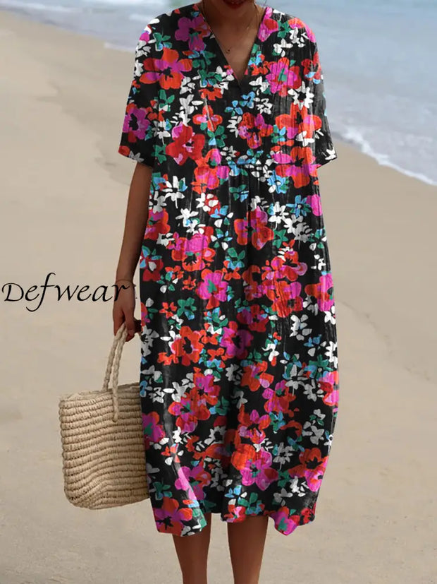 Elegant And Chic Loose Short-Sleeved Midi Dress With Vintage Floral Print V-Neck A / S