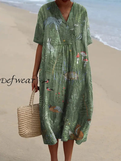 Elegant And Chic Loose Short-Sleeved Midi Dress With Vintage Floral Print V-Neck A / S