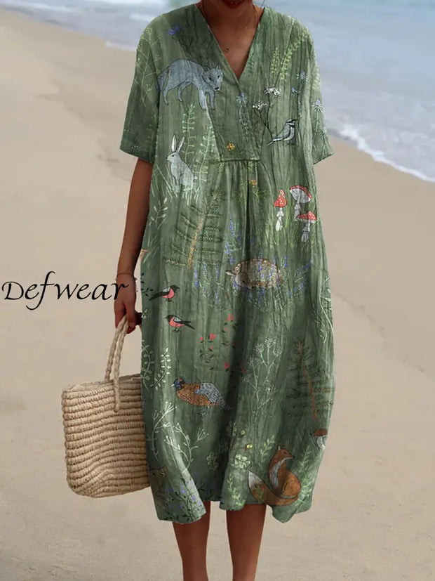 Elegant And Chic Loose Short-Sleeved Midi Dress With Vintage Floral Print V-Neck A / S