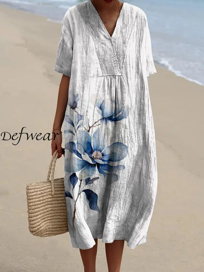 Elegant And Chic Loose Short-Sleeved Midi Dress With Vintage Floral Print V-Neck A / S