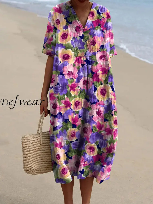 Elegant And Chic Loose Short-Sleeved Midi Dress With Vintage Floral Print V-Neck A / S