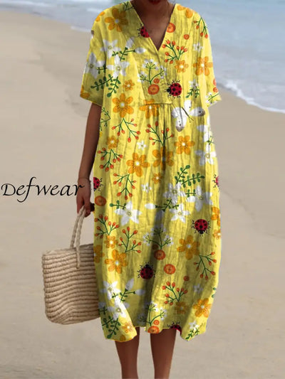 Elegant And Chic Loose Short-Sleeved Midi Dress With Vintage Floral Print V-Neck A / S