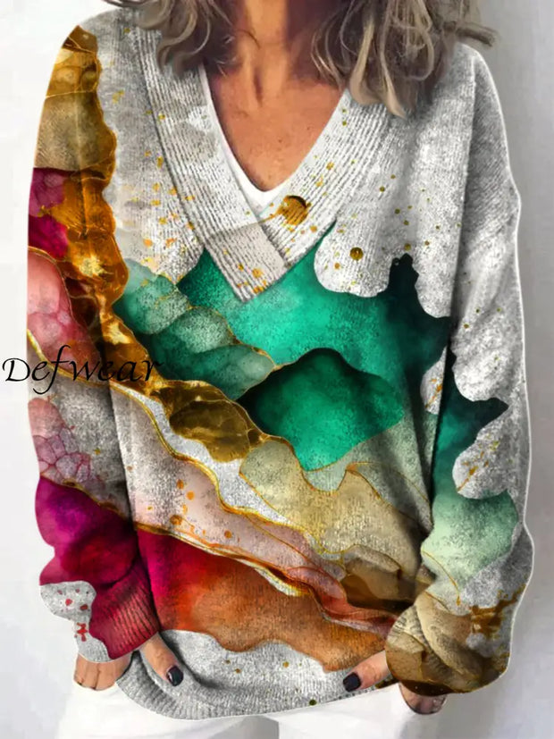 Elegant Art Printed V-Neck Casual Comfortable Long-Sleeved Loose Sweatshirt A / S