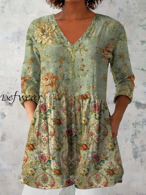 Elegant Boho Floral Print V-Neck Pattern Cotton Loose Long Sleeve Top A / S