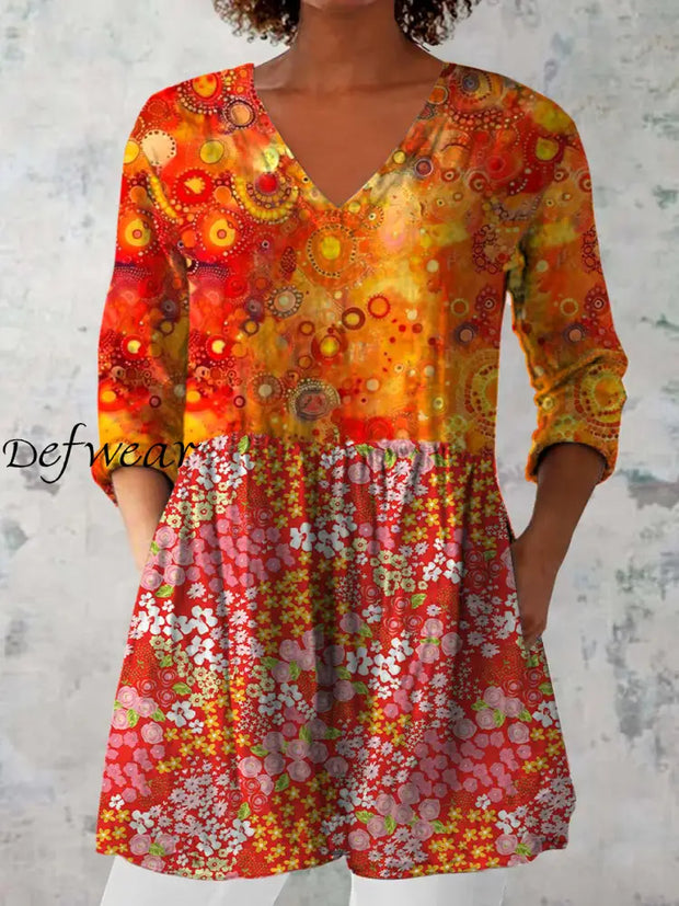 Elegant Boho Floral Print V-Neck Pattern Cotton Loose Long Sleeve Top A / S