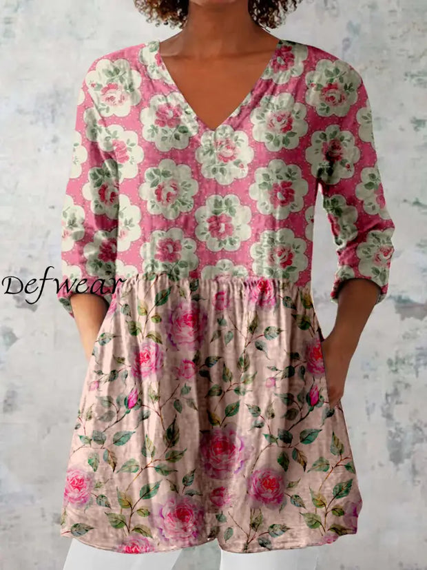 Elegant Boho Floral Print V-Neck Pattern Cotton Loose Long Sleeve Top A / S