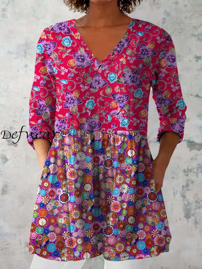 Elegant Boho Floral Print V-Neck Pattern Cotton Loose Long Sleeve Top A / S