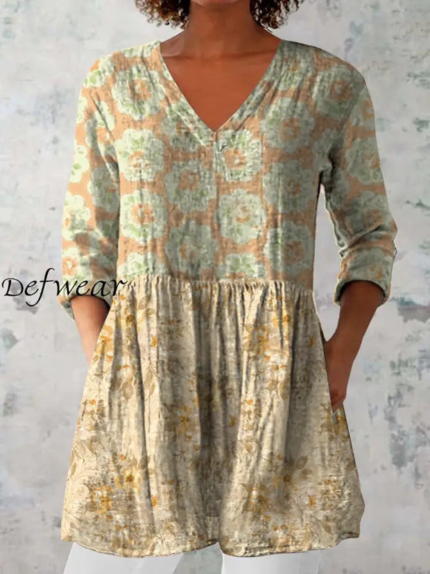 Elegant Boho Floral Print V-Neck Pattern Vintage Loose Long Sleeve Top A / S