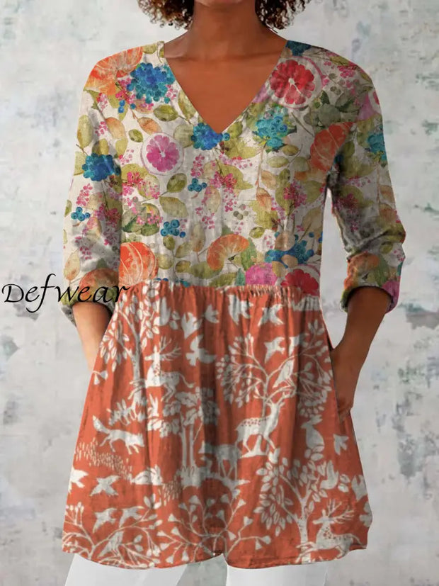 Elegant Boho Floral Print V-Neck Pattern Vintage Loose Long Sleeve Top A / S