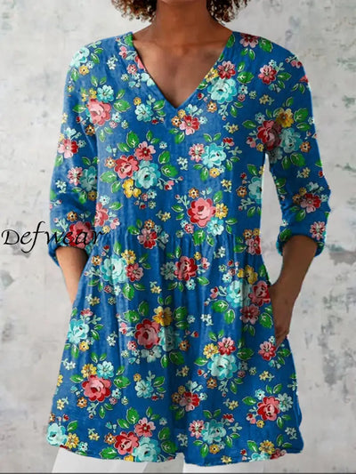 Elegant Boho Floral Print V-Neck Pattern Vintage Loose Long Sleeve Top A / S