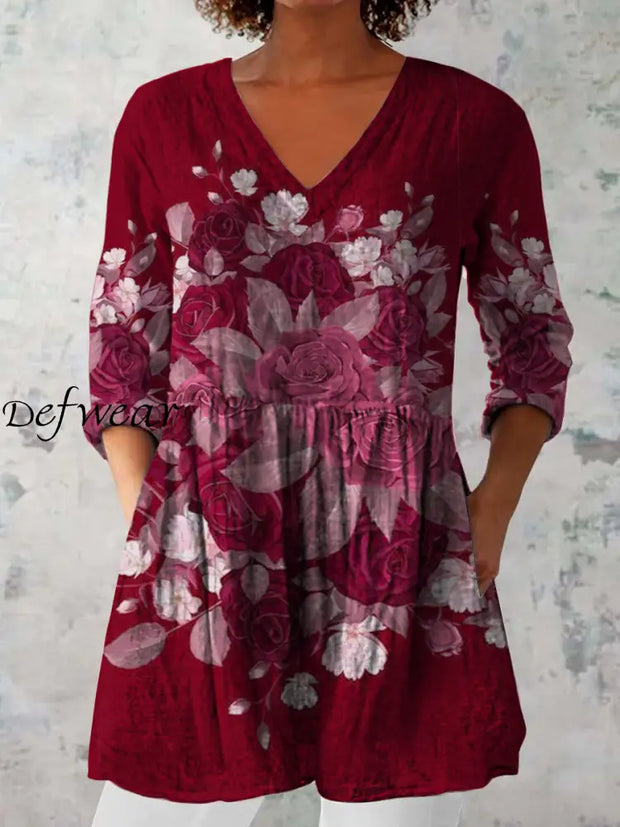 Elegant Boho Floral Print V-Neck Pattern Vintage Loose Long Sleeve Top A / S