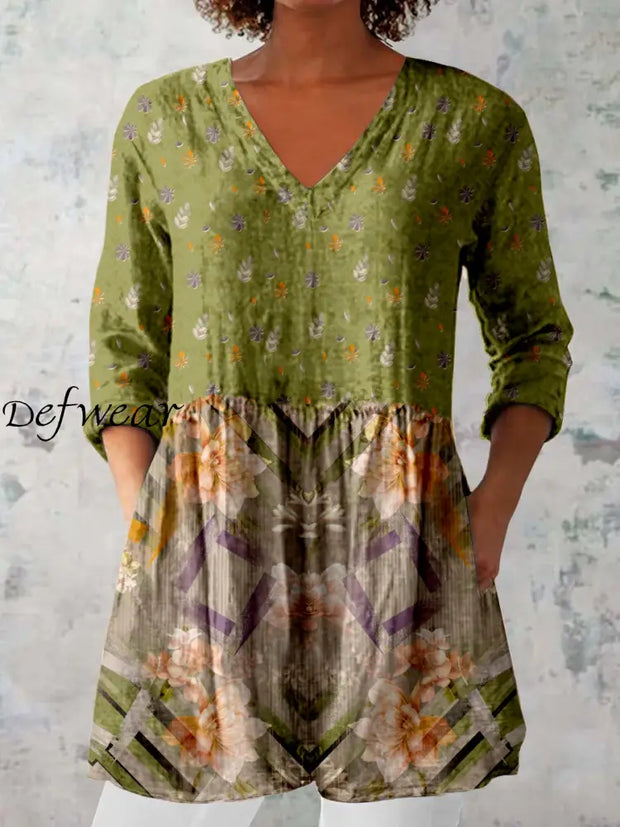 Elegant Boho Floral Print V-Neck Pattern Vintage Loose Long Sleeve Top A / S