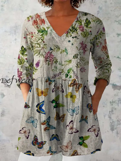 Elegant Boho Floral Print V-Neck Pattern Vintage Loose Long Sleeve Top A / S