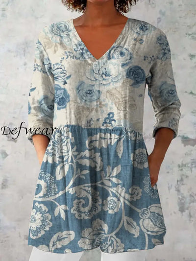 Elegant Boho Floral Print V-Neck Pattern Vintage Loose Long Sleeve Top A / S