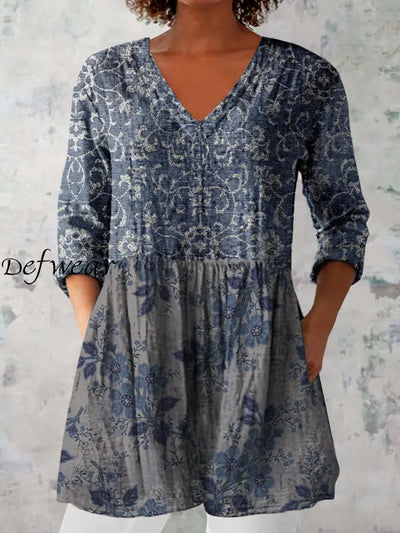 Elegant Boho Floral Print V-Neck Pattern Vintage Loose Long Sleeve Top A / S