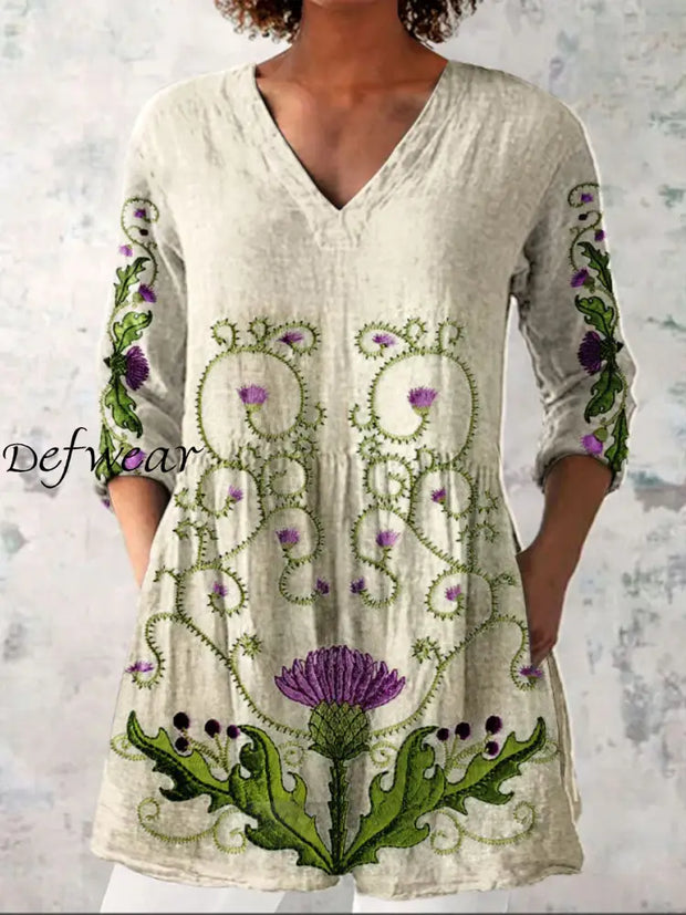 Elegant Boho Floral Print V-Neck Pattern Vintage Loose Long Sleeve Top A / S