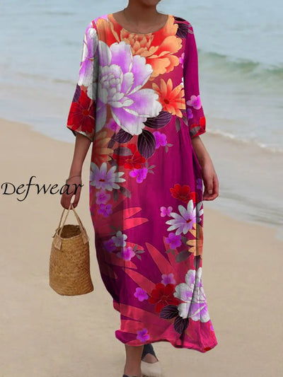 Elegant Boho Floral Printed Round Neck Vintage Loose Long Sleeves Midi Dress A / S