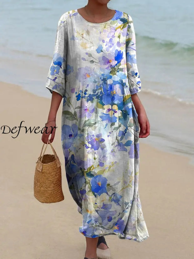 Elegant Boho Floral Printed Round Neck Vintage Loose Long Sleeves Midi Dress A / S