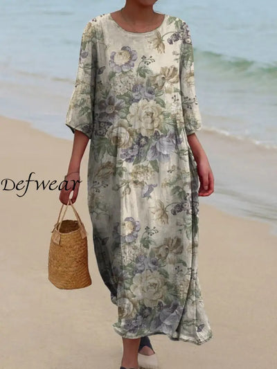 Elegant Boho Floral Printed Round Neck Vintage Loose Long Sleeves Midi Dress A / S