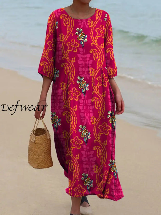 Elegant Boho Floral Printed Round Neck Vintage Loose Long Sleeves Midi Dress A / S