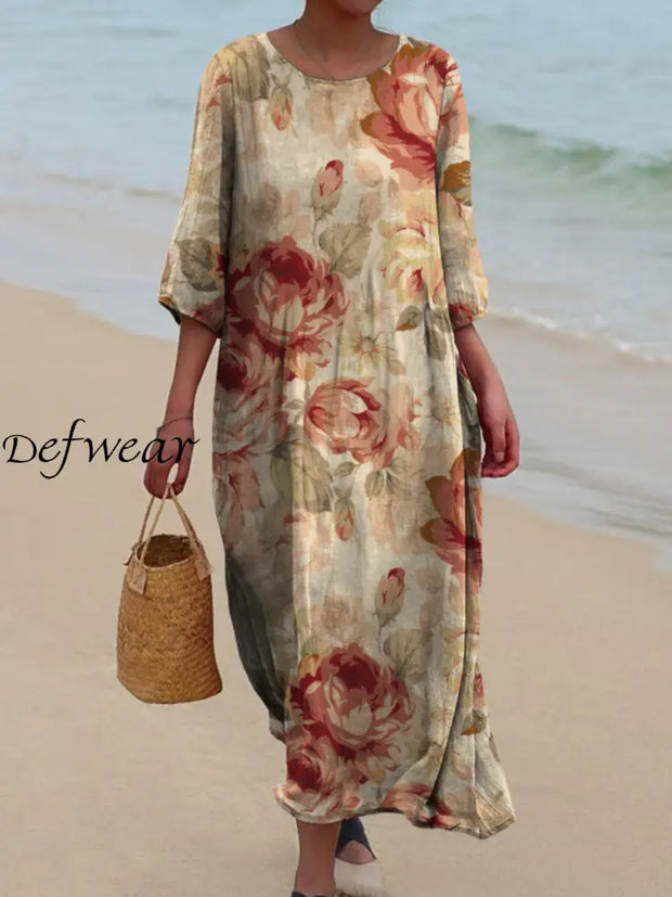 Elegant Boho Floral Printed Round Neck Vintage Loose Long Sleeves Midi Dress A / S