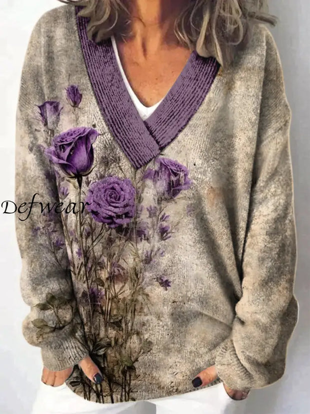 Elegant Boho Floral Printed V-Neck Casual Comfortable Long-Sleeved Loose Sweatshirt A / S