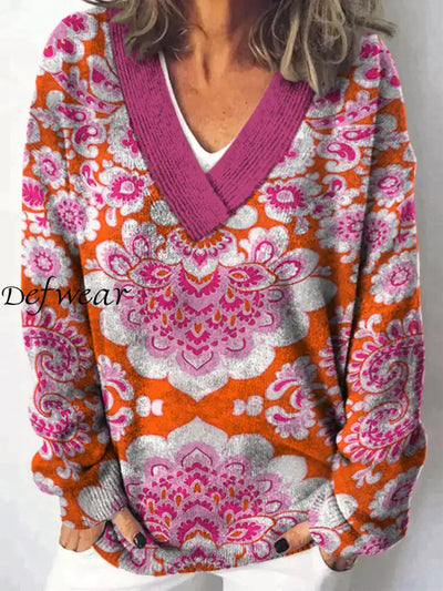 Elegant Boho Floral Printed V-Neck Casual Comfortable Long-Sleeved Loose Sweatshirt A / S