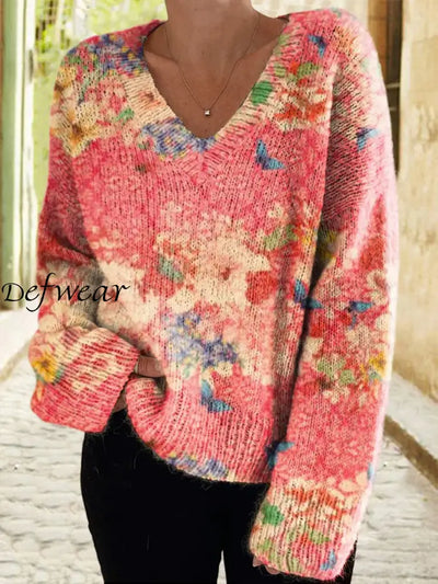 Elegant Boho Retro Floral Print Vintage Chic V-Neck Long Sleeve Thick Knit Sweater A / S