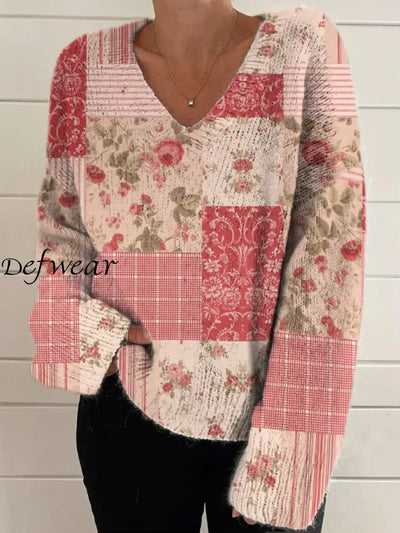 Elegant Boho Retro Floral Print Vintage Chic V-Neck Long Sleeve Thick Knit Sweater A / S