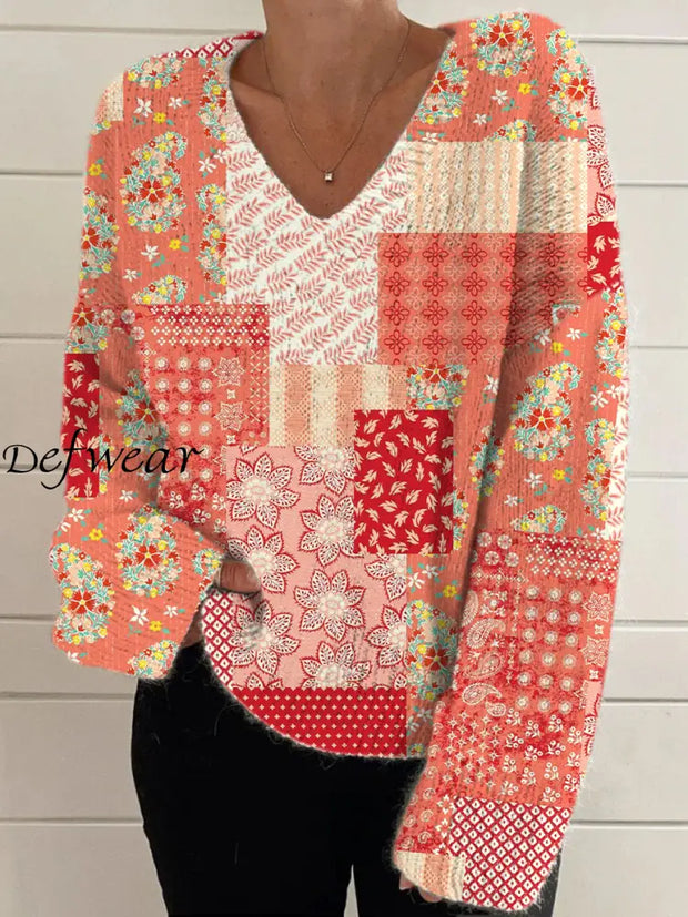 Elegant Boho Retro Floral Print Vintage Chic V-Neck Long Sleeve Thick Knit Sweater A / S