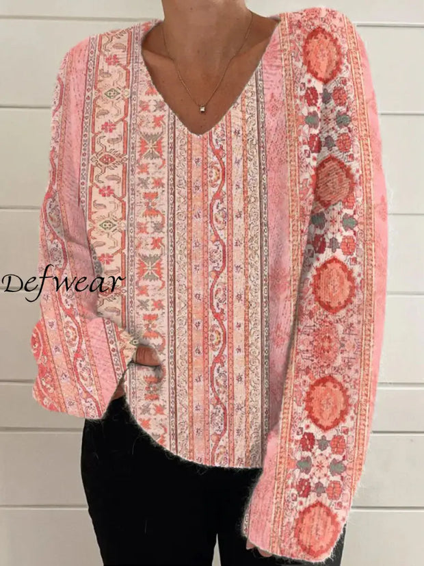 Elegant Boho Retro Floral Print Vintage Chic V-Neck Long Sleeve Thick Knit Sweater A / S