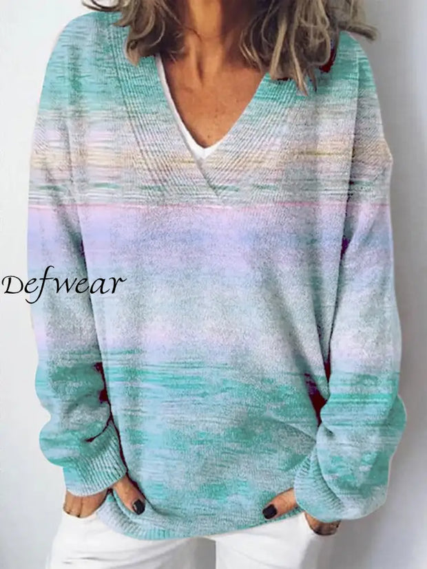 Elegant Color Printed V-Neck Casual Comfortable Long-Sleeved Loose Sweatshirt A / S