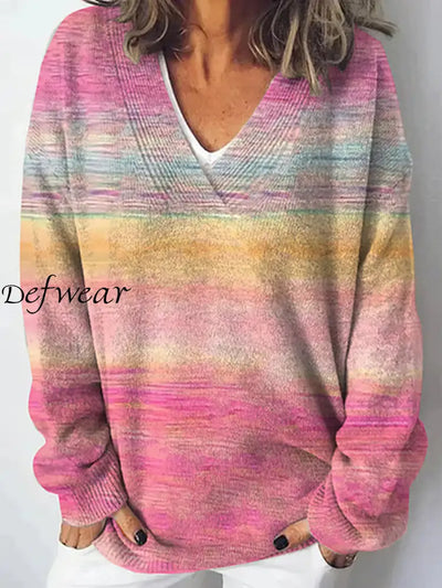 Elegant Color Printed V-Neck Casual Comfortable Long-Sleeved Loose Sweatshirt A / S