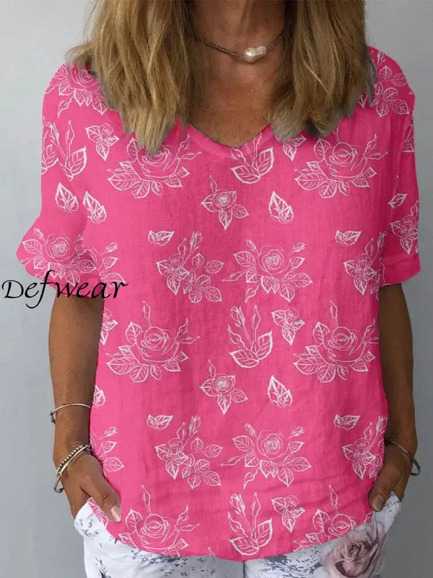 Elegant Floral Print Pink V-Neck Pattern Retro Loose Short Sleeve Top