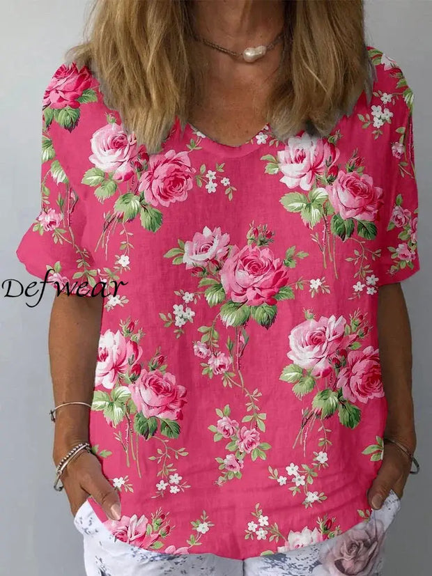 Elegant Floral Print V-Neck Pattern Retro Loose Short Sleeve Top A / S