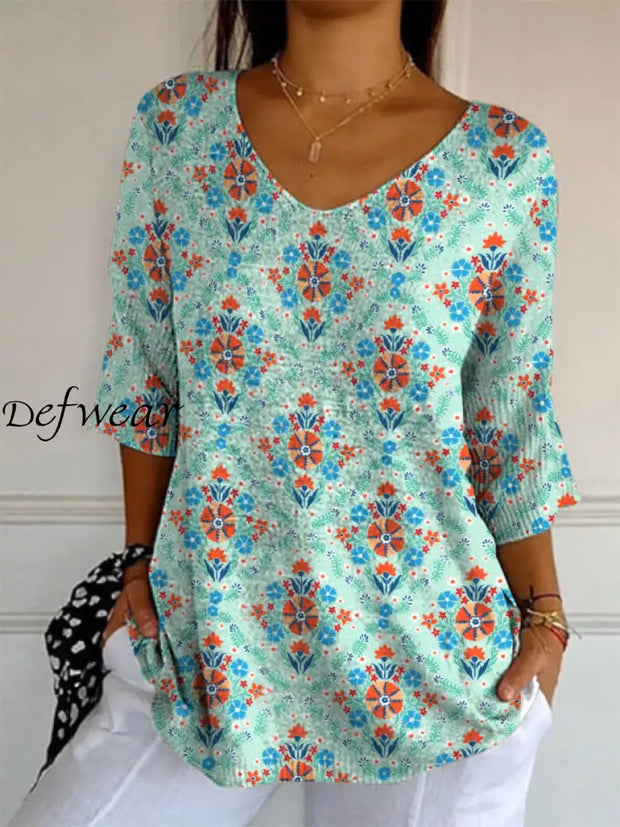 Elegant Retro Boho Floral Art Print V-Neck Loose Mid-Length Sleeve Top A / S