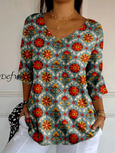 Elegant Retro Boho Floral Art Print V-Neck Loose Mid-Length Sleeve Top A / S