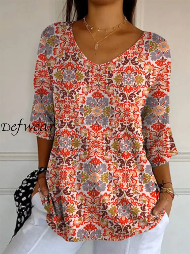 Elegant Retro Boho Floral Art Print V-Neck Loose Mid-Length Sleeve Top A / S