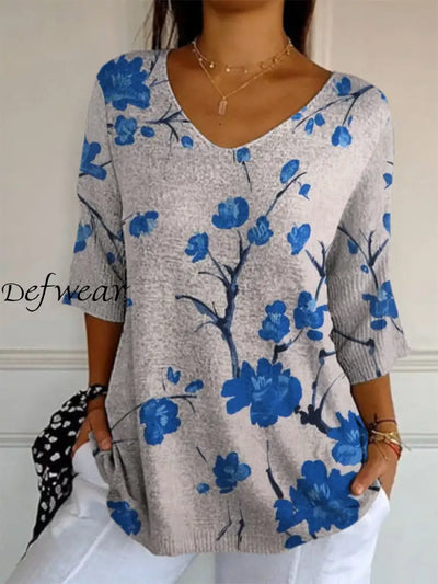 Elegant Retro Boho Floral Art Print V-Neck Loose Mid-Length Sleeve Top A / S