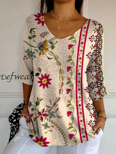 Elegant Retro Boho Floral Print V-Neck Loose Mid-Length Sleeve Top A / S