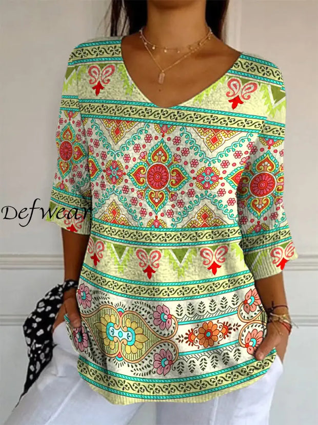 Elegant Retro Boho Floral Print V-Neck Loose Mid-Length Sleeve Top A / S