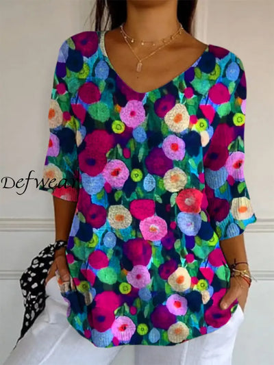 Elegant Retro Boho Floral Print V-Neck Loose Mid-Length Sleeve Top A / S